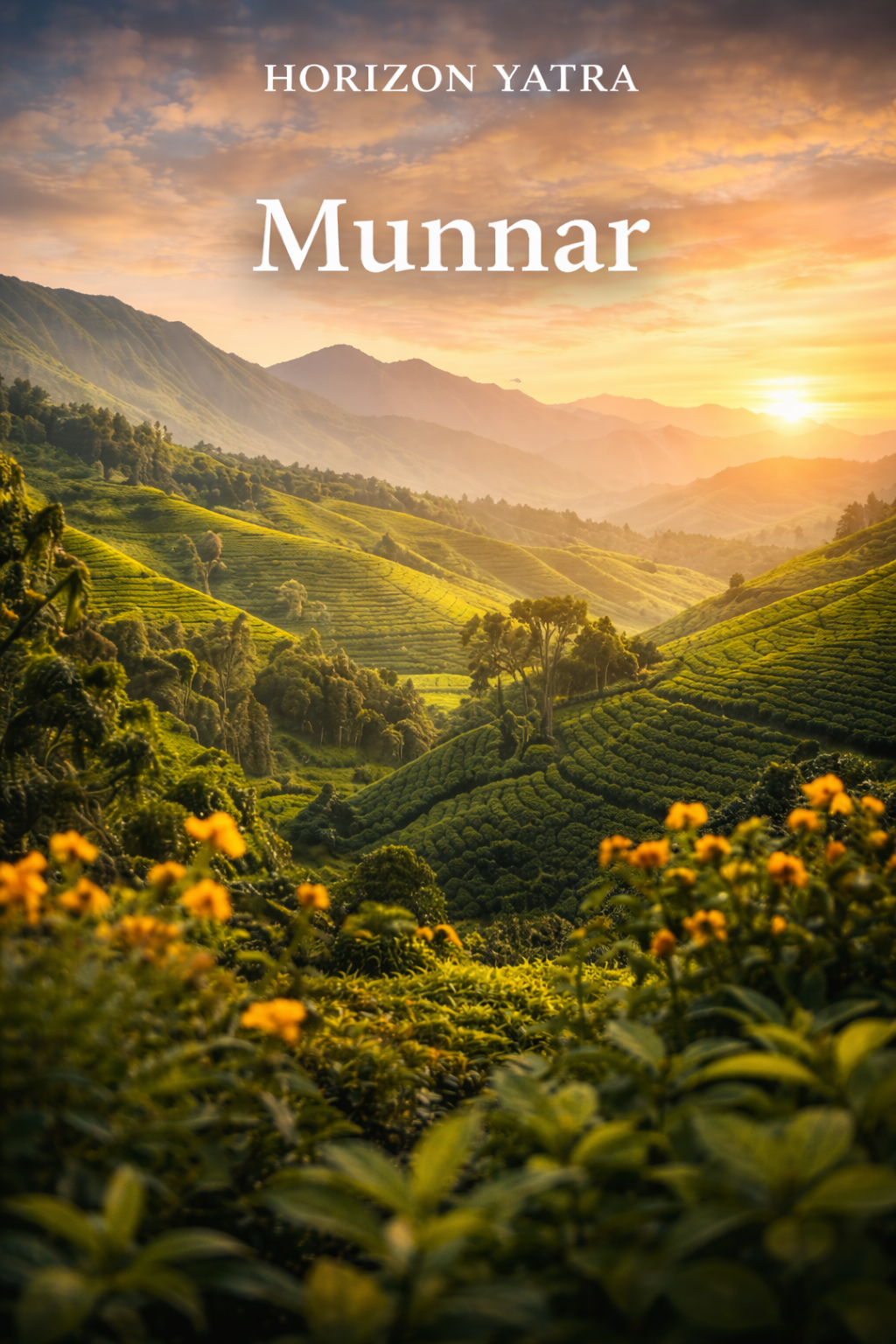 Munnar at sunrise with tea plantations